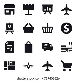 16 vector icon set : shop, billboard, presentation, plane, basket, dollar coin, account balance, shopping bag, delivery, mall, airplane, cart