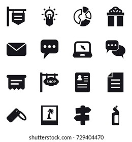 16 vector icon set : shop signboard, bulb, circle diagram, gift, mail, message, notebook, discussion, atm receipt, photo, signpost, toilet cleanser