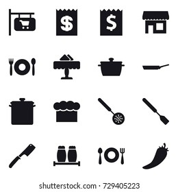 16 vector icon set : shop signboard, receipt, shop, cafe, restaurant, pan, chef  hat, skimmer, spatula, chef knife, hot pepper