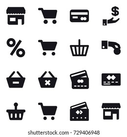 16 vector icon set : shop, cart, card, investment, percent, basket, hand coin, remove from basket, delete cart, credit card