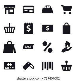 16 vector icon set : shop, card, shopping bag, cart, basket, receipt, sale, percent, real estate