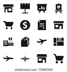16 vector icon set : shop, billboard, presentation, cart, dollar coin, account balance, store, shopping bag, plane