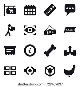 16 vector icon set : shop signboard, calendar, sale, message, courier, eye identity, atm receipt, info, castle, panel house, chicken