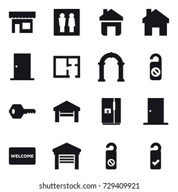16 vector icon set : shop, wc, home, door, plan, arch, do not distrub, key, garage, fridge, welcome mat, please clean