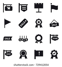 16 vector icon set : shop signboard, billboard, flag, sale, medal, store signboard