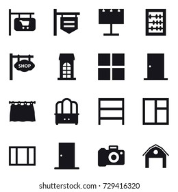 16 vector icon set : shop signboard, billboard, abacus, building, window, door, curtain, dresser, rack, barn