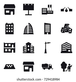16 vector icon set : shop, billboard, store, drawbridge, building, skyscraper, modern architecture, modular house, outdoor light, taxi, sweeper, garden cleaning