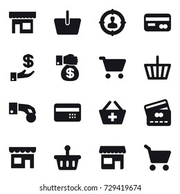 16 vector icon set : shop, basket, target audience, card, investment, money gift, cart, hand coin, credit card, add to basket