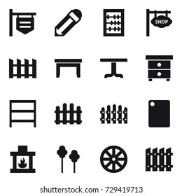 16 vector icon set : shop signboard, pencil, abacus, fence, table, nightstand, rack, cutting board, fireplace, trees, wheel