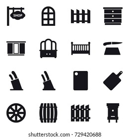 16 vector icon set : shop signboard, arch window, fence, chest of drawers, wardrobe, dresser, crib, cutting board, stands for knives, knife holder, wheel, barrel, hive