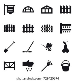 16 vector icon set : shop signboard, greenhouse, fence, watering, shovel, rake, wheelbarrow, pear, farm fence, sow, bucket