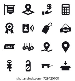 16 vector icon set : shop signboard, pointer, investment, calculator, medal, pass card, label, sale, do not distrub, trailer, package