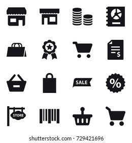 16 vector icon set : shop, coin stack, annual report, shopping bag, medal, cart, account balance, remove from basket, sale, percent, store signboard