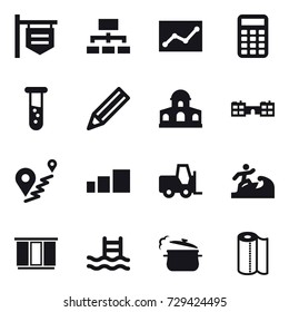 16 vector icon set : shop signboard, hierarchy, statistic, calculator, vial, pencil, mansion, school, surfer, wardrobe, pool, steam pan, paper towel