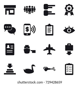 16 vector icon set : shop, team, diagram, medal, discussion, phone pay, clipboard, airplane, baggage get, goose, blower, clipboard list