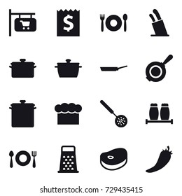 16 vector icon set : shop signboard, receipt, cafe, stands for knives, pan, chef  hat, skimmer, hot pepper