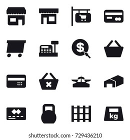 16 vector icon set : shop, shop signboard, card, delivery, cashbox, dollar arrow, basket, credit card, delete cart, scales, warehouse