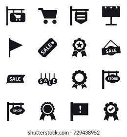 16 vector icon set : shop signboard, cart, billboard, flag, sale, medal, store signboard