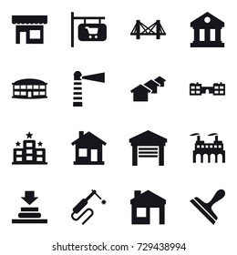 16 vector icon set : shop, shop signboard, bridge, library, airport building, lighthouse, houses, school, hotel, home, garage, house, scraper