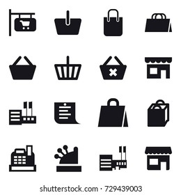 16 vector icon set : shop signboard, basket, shopping bag, delete cart, shop, store, shopping list, cashbox, mall