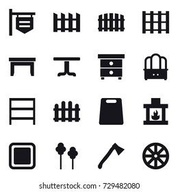 16 vector icon set : shop signboard, fence, table, nightstand, dresser, rack, cutting board, fireplace, trees, axe, wheel