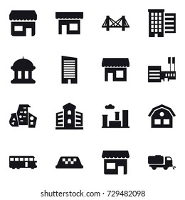 16 vector icon set : shop, bridge, houses, goverment house, skyscraper, mall, modern architecture, building, city, house, bus, taxi, sweeper