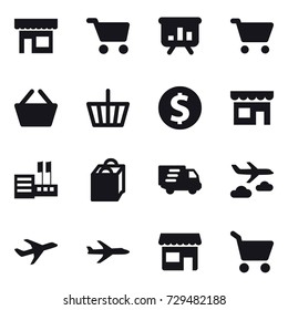 16 vector icon set : shop, cart, presentation, basket, dollar coin, store, shopping bag, delivery, journey, plane