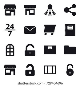 16 vector icon set : shop, share, 24/7, mail, delivery, copybook, arch window, unlock, unlocked, window