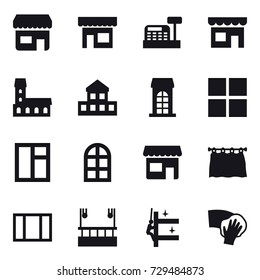 16 vector icon set : shop, cashbox, mansion, cottage, building, window, arch window, curtain, skyscapers cleaning, skyscrapers cleaning, wiping