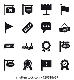 16 vector icon set : shop signboard, billboard, flag, sale, message, medal, store signboard