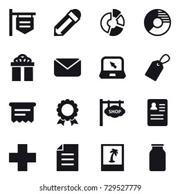 16 vector icon set : shop signboard, pencil, circle diagram, gift, mail, notebook, label, atm receipt, medal, photo