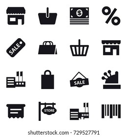 16 vector icon set : shop, basket, money, percent, sale, shopping bag, store, cashbox, atm receipt, store signboard, mall