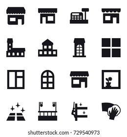 16 vector icon set : shop, cashbox, mansion, cottage, building, window, arch window, flower in window, clean floor, skyscapers cleaning, skyscrapers cleaning, wiping