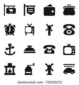 16 vector icon set : shop signboard, wallet, purse, alarm clock, tv, windmill, service bell, phone, fireplace, hand mill, car wash
