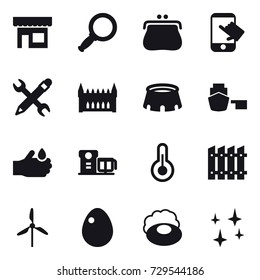 16 vector icon set : shop, magnifier, purse, touch, pencil wrench, gothic architecture, stadium, fence, windmill, egg, soap, shining