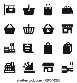 16 vector icon set : shop signboard, basket, shopping bag, delete cart, shop, store, shopping list, cashbox, mall