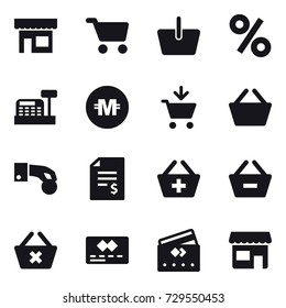 16 vector icon set : shop, cart, basket, percent, cashbox, crypto currency, add to cart, hand coin, account balance, add to basket, remove from basket, delete cart, credit card