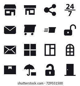 16 vector icon set : shop, share, 24/7, mail, delivery, unlock, window, arch window, unlocked, door