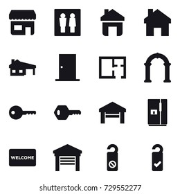16 vector icon set : shop, wc, home, house with garage, door, plan, arch, key, garage, fridge, welcome mat, do not distrub, please clean