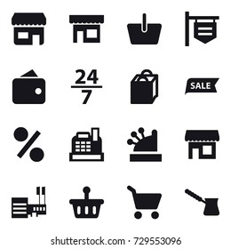 16 vector icon set : shop, basket, shop signboard, wallet, 24/7, shopping bag, sale, percent, cashbox, mall, cart, turk