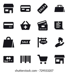 16 vector icon set : shop, card, sale, shopping bag, credit card, add to basket, shopping list, store signboard, real estate