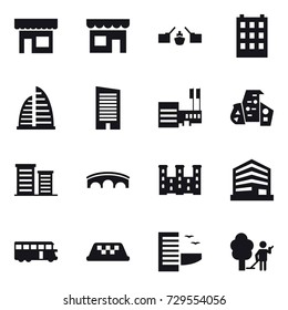 16 vector icon set : shop, drawbridge, building, skyscraper, mall, modern architecture, district, bridge, palace, bus, taxi, hotel, garden cleaning