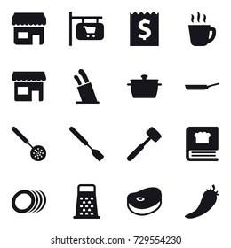 16 vector icon set : shop, shop signboard, receipt, hot drink, stands for knives, pan, skimmer, spatula, meat hammer, hot pepper