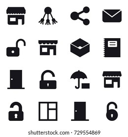 16 vector icon set : shop, share, mail, unlock, box, copybook, door, unlocked, window