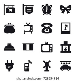 16 vector icon set : shop signboard, alarm clock, bow, purse, tv, photo, service bell, wardrobe, fireplace, windmill, car wash