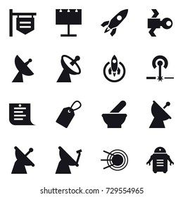 16 vector icon set : shop signboard, billboard, rocket, satellite, satellite antenna, laser, shopping list, label