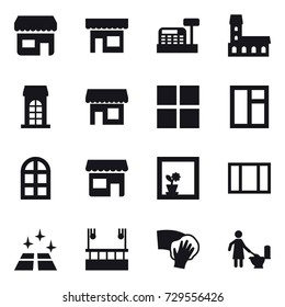 16 vector icon set : shop, cashbox, mansion, building, window, arch window, flower in window, clean floor, skyscapers cleaning, wiping, toilet cleaning