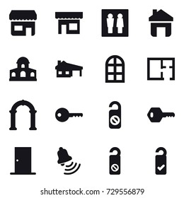 16 vector icon set : shop, wc, home, mansion, house with garage, arch window, plan, arch, key, do not distrub, door, bell, please clean