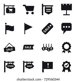 16 vector icon set : shop signboard, cart, billboard, flag, sale, message, medal, store signboard