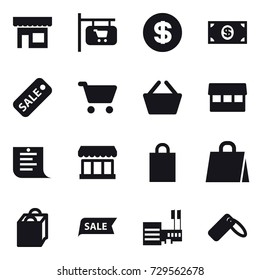 16 vector icon set : shop, shop signboard, dollar, money, sale, cart, basket, market, shopping list, shopping bag, mall